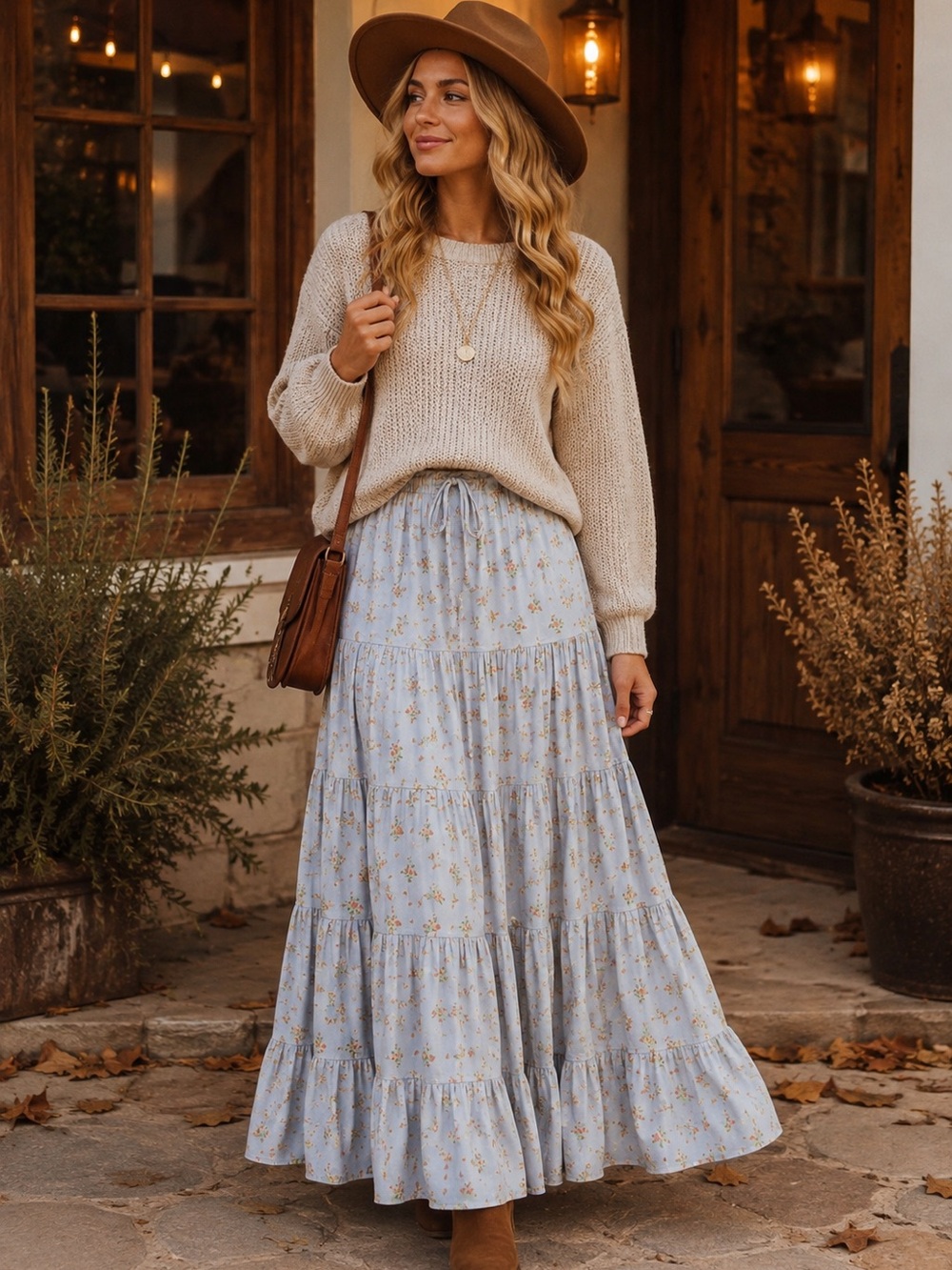 Free People $108 Nova Tiered Maxi Skirt Blue Floral Drawstring Waist Sz L